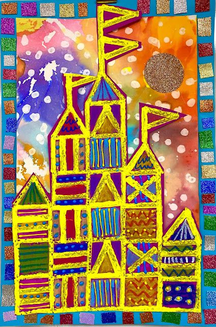 Paul Klee Castles, Mary Blair Art Lesson, Mary Blair Art Project For Kids, Cassie Stephens Art Lessons, Mary Blair Castle, Castle Art Projects, Castles Medieval, Shape Project, Mary Blair Art