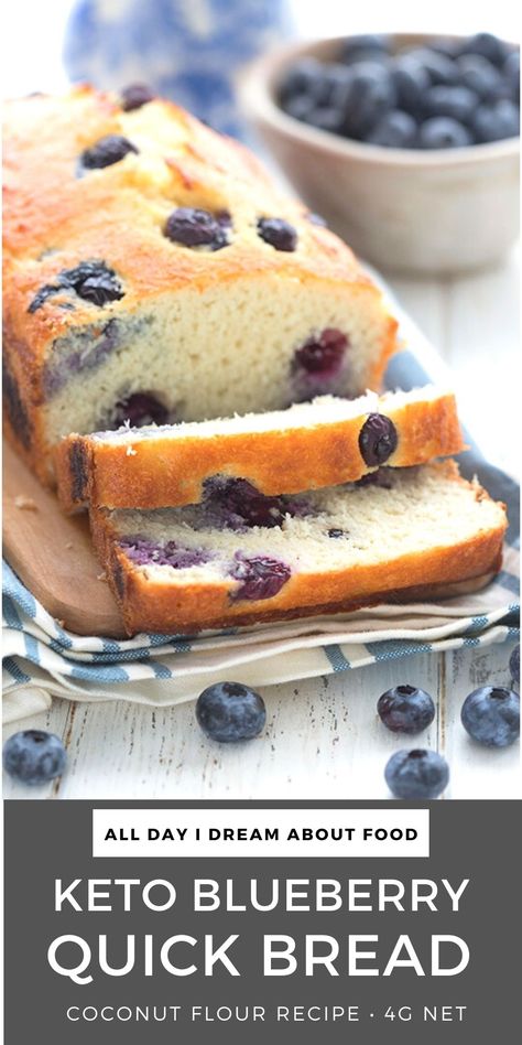 Close up shot of a loaf of sugar free blueberry bread sliced on a cutting board, with blueberries scattered around. Coconut Flour Blueberry Bread, Almond Flour Blueberry Bread, Keto Sweet Bread, Keto Blueberry Bread, Coconut Flour Blueberry, Blueberry Quick Bread, Healthy Bakes, Healthy Breads, Thm Sweets