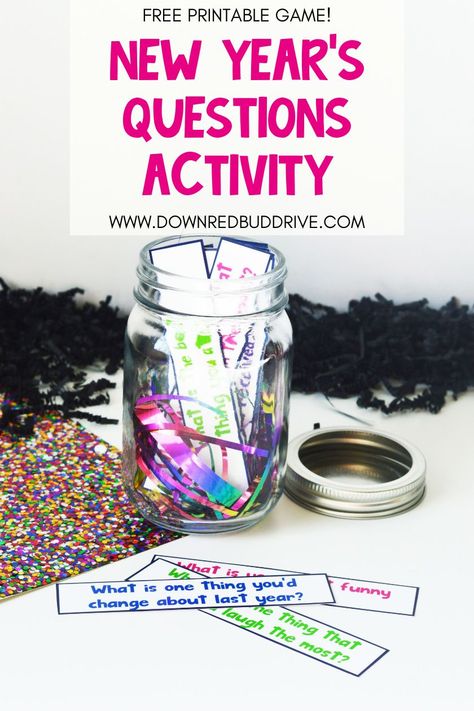 Make New Year's Eve fun with this printable New Year's Question Activity! It's the perfect group activity for New Year's! New Year's Question Activity | New Year's Game for Adults | New Year's Eve Activity | New Year's Family Activity | New Year's Questions | New Year's Questions Printable Free | New Year's Eve Family Activity | Down Redbud Drive #newyearseve #questions #newyearsquestions #familyactivity #freeprintable #familygame New Year Team Building Activity, New Year Party Activities, Classroom New Years Activities, New Years Eve Party Games For Adults Free Printables, New Year Activities For Adults, School New Years Activities, New Years Questions, Happy New Year Game, Cr Ideas