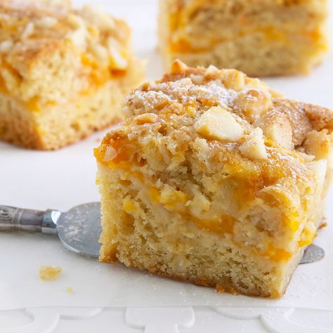 Apricot and macadamia slice | Women's Weekly Food Apricot Baking Recipes, Macadamia Slice, Apricot Desserts, Apricot Slice, Apricot Recipes, Cake Slices, Lunchbox Treats, Sugar Icing, Slices Recipes