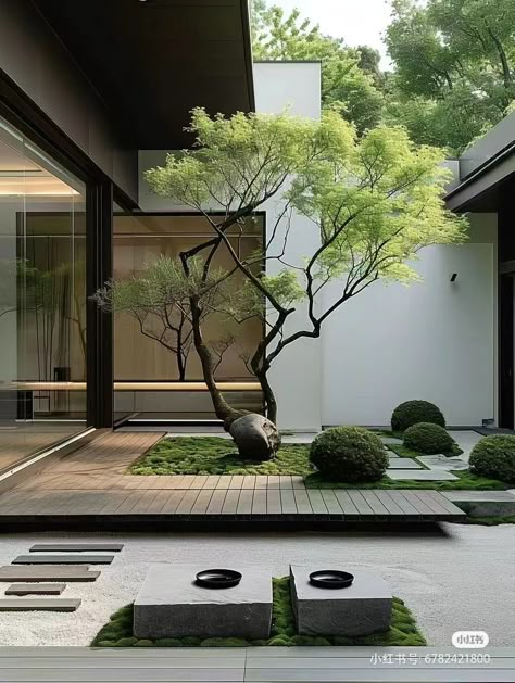 Japanese Modern Landscape, Modern Zen Garden Design, Patio Zen Garden, Courtyard Zen Garden, Japanese Garden Courtyard, Courtyard Ideas Modern, Interior Zen Garden, Garden Ideas In Front Of House, Jardin Zen Interior