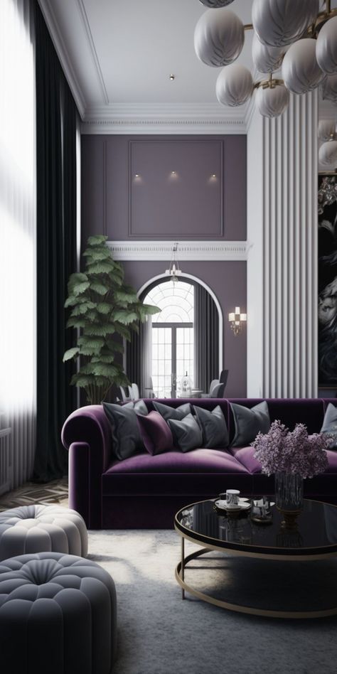 Living Room Ideas Purple And Grey, Gray Modern Living Room, Purple And Gray Living Room, Violet Living Room, Loft Style Living Room, Purple Interior Design, Living Room Inspiration Grey, Modern Grey Living Room, Gray Living Room