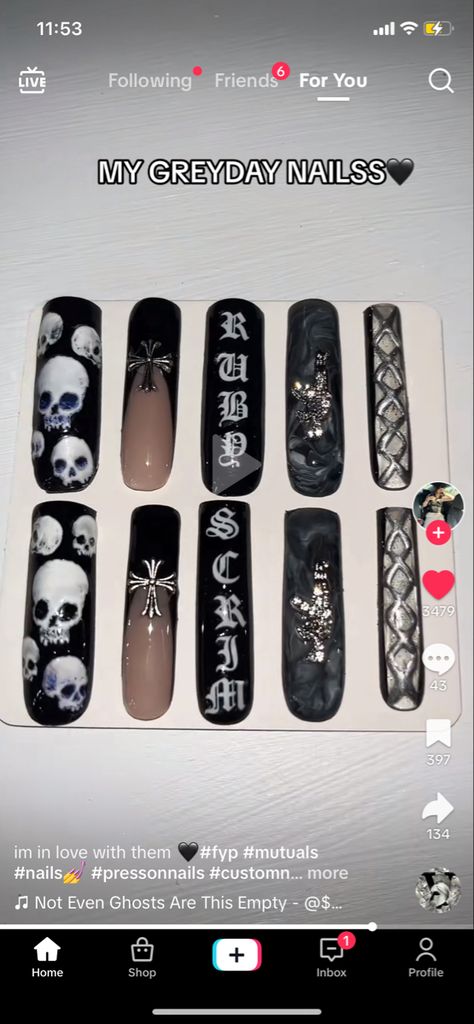 Black Nail Designs Emo, Ftp Nails, $ui̇ci̇deboy$ Nail Ideas, G59 Nails Simple, Grey59 Nails, Sb Nail Ideas, Grey Day Nails, Grey 59 Nails, G59 Nails Acrylic