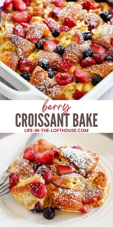 Croissant Berry French Toast Casserole, Best Breakfast Breads, Easy Breakfast For Family, Mixed Berry Croissant Bake, Brunch Croissant Ideas, Best Brunch Recipes For A Crowd, Strawberry Croissant French Toast, Ideas For Breakfast Party, Croissant Berry Breakfast Casserole