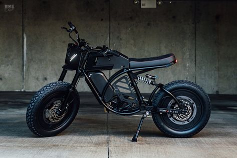 Covert operative: Droog Moto's custom Volcon Brat e-bike | Bike EXIF Singer Vehicle Design, Bike Exif, Suede Fashion, Electric Motorcycle, Vehicle Design, E Bike, Sports Design, Diode, Custom Bikes