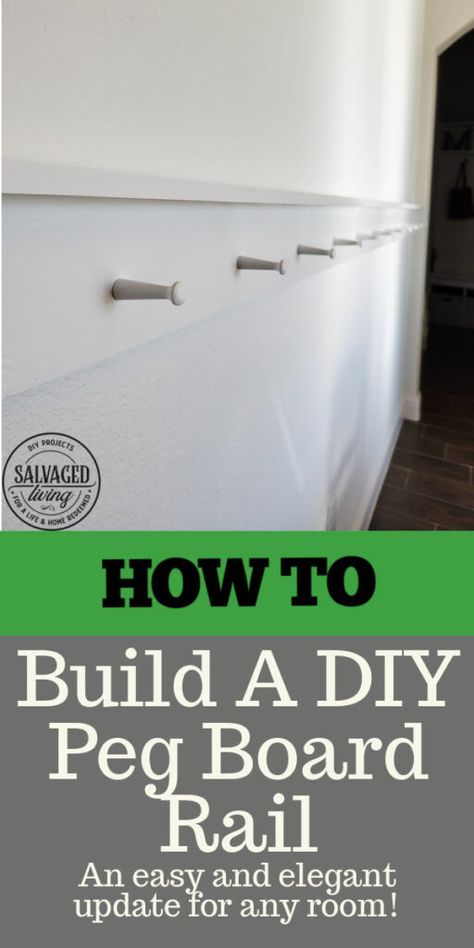 How to build a DIY peg rail for your home. If you want to instal a peg rail or a shelf rail for added interest and decor in your room, this is an easy and affordable home improvement to DIY. You can do this project in an afternoon and it's easy on the budget! #DIYtrim #pegboard #decordetails #pegrail Diy Peg Rail, Shelf Rail, Diy Peg Board, Diy Cement Planters, Beadboard Wallpaper, Peg Rail, Diy Rope Basket, Vintage Picnic Basket, Diy Trim