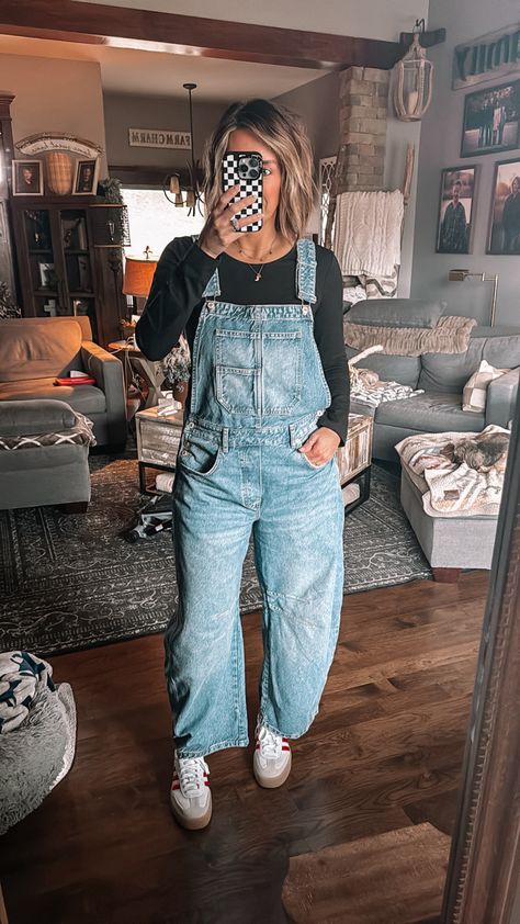 The perfect overalls! Great fit and so comfy! Added my fav sneaks! #fashion #outfits #over40style Winter Denim Overalls Outfit, Overalls Outfit Jeans, Fall Overall Outfits Casual, Winter Outfits With Overalls, Courdory Overalls Outfits, Women’s Overalls Outfit, Jean Overall Outfits Winter, Jean Overall Outfits Fall, Black Overalls Outfit Fall