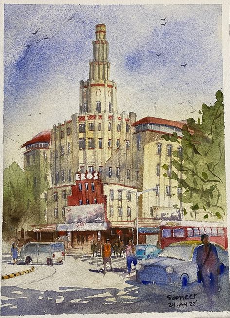 Eros cinema,Mumbai ArtDeco Architecture Mumbai Painting, Art Deco Cinema, Deco Cinema, Mumbai, Watercolor Paintings, Art Deco, Architecture, Water, Art