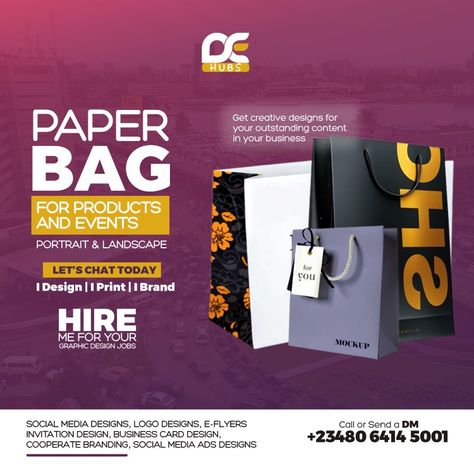 Paper bag design for event and businesses Luxury Paper Bag, Bag Advertisement, Paper Bag Design, Advertising Flyers, Graphic Design Jobs, Graphic Design Flyer, Birthday Flyer, Ad Creative, Graphic Design Lessons