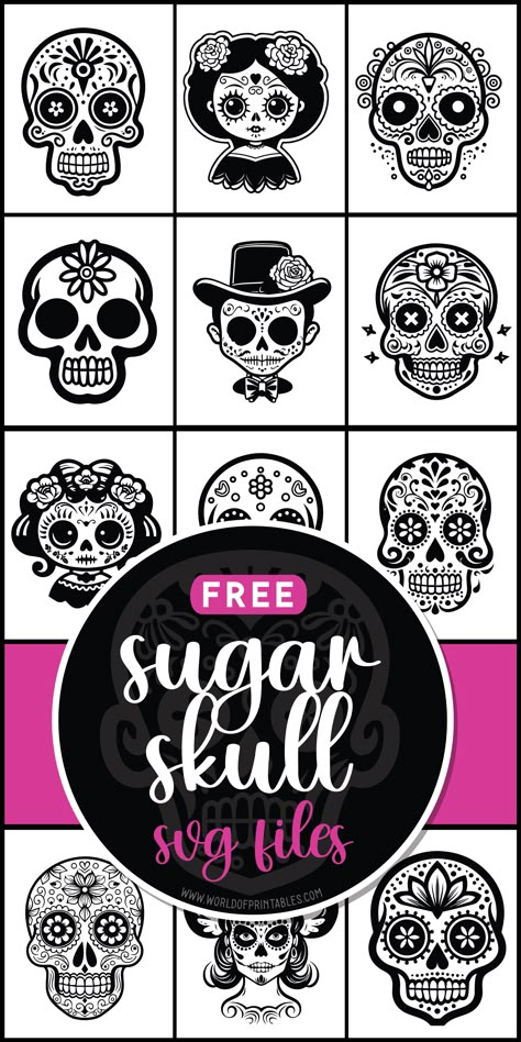 Spice up your creations with free sugar skull SVGs! Add a touch of edgy and vibrant flair to your projects with these cool and quirky designs. 🌺💀 Skull Svg Cricut, Free Sugar Skull Svg Files For Cricut, Free Skull Svg Files For Cricut, Skull Svg Free, Sugar Skull Stencil, Svg Designs Free, Free Cricut Images, Sugar Skull Tattoo, Freebie Svg