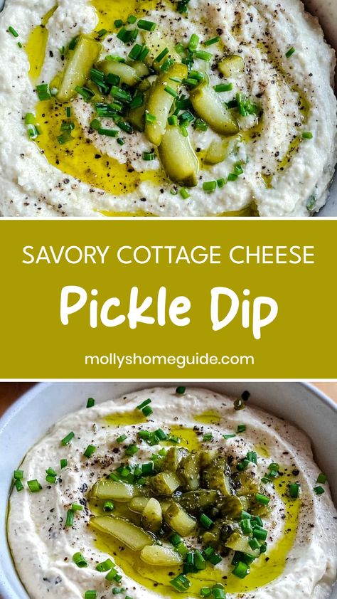 Looking for a unique appetizer idea? Try this Cottage Cheese Pickle Dip recipe! Creamy cottage cheese mixed with tangy pickles creates a delicious dip perfect for parties or snacking. The combination of flavors is sure to impress your guests and leave them coming back for more. It's quick and easy to make, making it ideal for busy days when you need a simple yet tasty dish.

Ingredients
1 cup plain cottage cheese
1/2 cup plain greek yogurt
1/2 cup chopped pickles
2 tablespoons pickle juice
2 tea Cottage Cheese Dip Recipes, Savory Cottage Cheese, Cheese Meals, Pickle Dip Recipe, Cottage Cheese Recipe, Protein Cottage Cheese, Cottage Cheese Recipes Healthy, Cottage Cheese Dips, Unique Appetizers