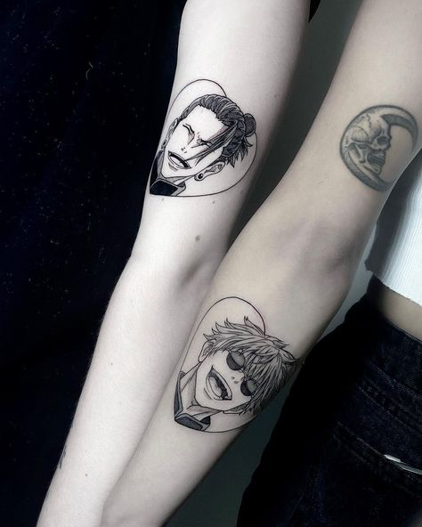 Best Friend Anime Tattoos, Jjk Matching Tattoos, Anime Couple Tattoo Ideas, Matching Tattoos Anime, Matching Anime Tattoos, Duo Tattoos, Mha Tattoos, Minimal Tattoo Designs, Minimal Tattoo Ideas