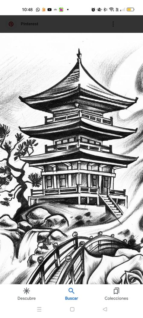 Japanese Temple And Samurai Tattoo, Japanese Tower Tattoo Design, Japan Temple Tattoo, Samurai Temple Tattoo, Japanese Shrine Tattoo, Chinese House Tattoo, Japanese Tower Tattoo, Japanese Temple Drawing, Temple Tattoo Design