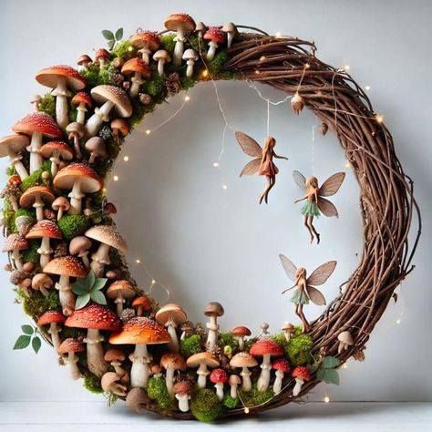 Mushroom Wreath, Fairy Wreath, Mushroom Crafts, Garden Art Ideas, Fairy Garden Party, Introduce Myself, Garden Art Sculptures Diy, Garden Artwork, Mushroom Decor