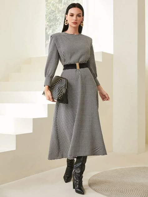 SHEIN Houndstooth Print Shoulder Pad Belted Dress | SHEIN USA Shein Winter Dresses, Elegant Black Midi Dress With Houndstooth Pattern, Elegant Office Dress With Houndstooth Pattern, Chic Fitted Houndstooth Dress, Houndstooth Dress Outfit, Elegant Houndstooth Pattern Office Dress, Knee-length Houndstooth Office Dress, Chic Work Outfit, Modest Midi Dress