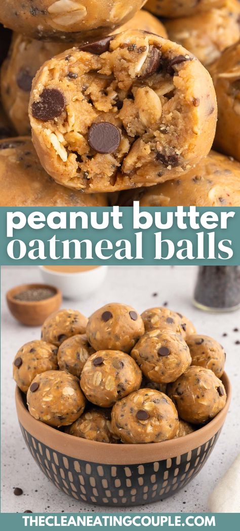 Two photos: a peanut butter oatmeal ball with a bite taken out of it surrounded by more energy balls and Oatmeal Energy Balls in a large bowl on a white kitchen counter with the words "peanut butter oatmeal balls" in the foreground Oatmeal Peanut Butter Protein Balls, Peanut Butter Balls Healthy, Peanut Butter Oat Balls, Power Balls Recipe, Protein Balls, Peanut Butter Power Balls, Peanut Butter Oatmeal Balls, Oatmeal Balls, Protein Balls Healthy