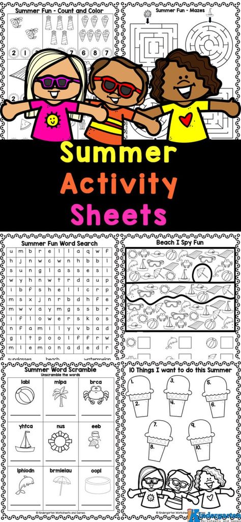 Looking for fun and educational activities for your kindergartener this summer? Check out our Summer Activity Sheets! These free kindergarten worksheets are designed to keep your children engaged during June, July and August while teaching them important skills. This summer packet for kindergarten includes counting to sight words, there's something for everyone. Download and print them for free today! Summer Activity Sheets, Summer Learning Kindergarten, Summer Holiday Activities, Printable Activity Sheets, Free Kindergarten Printables, Summer Packet, Summer Kindergarten, Summer Worksheets, Kindergarten Prep