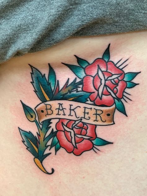 Traditional rose and banner tattoo. Old School Name Tattoo, Name In Rose Tattoo, Name Tattoo Traditional, American Traditional Rib Tattoo, Traditional Tattoo For Son, Traditional Name Tattoo, Traditional Tattoo Names, Rose Name Tattoo, Name Tattoos On Neck