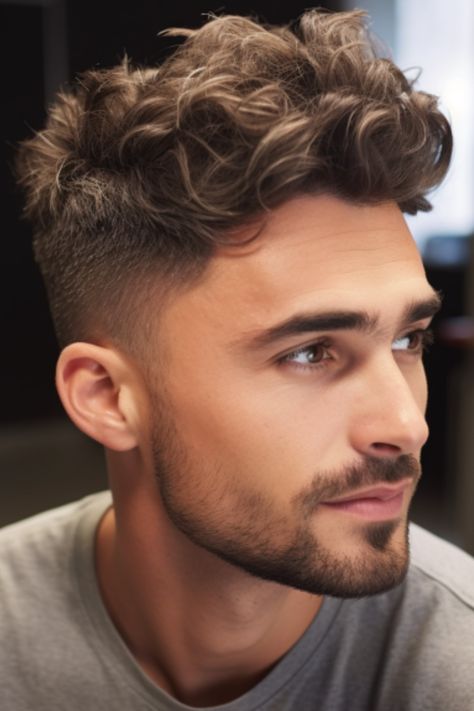 If you have curly hair, a wavy top with a low fade is a great option. This hairstyle highlights the texture of your curls and pairs it with a neat fade haircut on the sides. Wavy Fade Haircut Men, Mens Hair Curly Short, Short Sides Curly Top Men, Wavy Boys Hairstyle, Taper Fade Men Haircut Curly Hair, Mens Curly Hair Fade, Men’s Hair Ideas, Men’s Curly Haircut Short On Sides, Mens Curly Fade