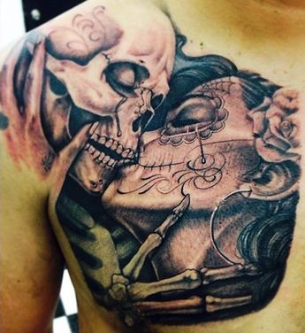 Skull Couple Tattoo Love, Two Skeletons In Love Tattoo, Skeletons Kissing, Pretty Skull Tattoos, Skull Couple Tattoo, Couple Tattoos Love, Skull Couple, Couples Tattoos, Skull Sleeve Tattoos