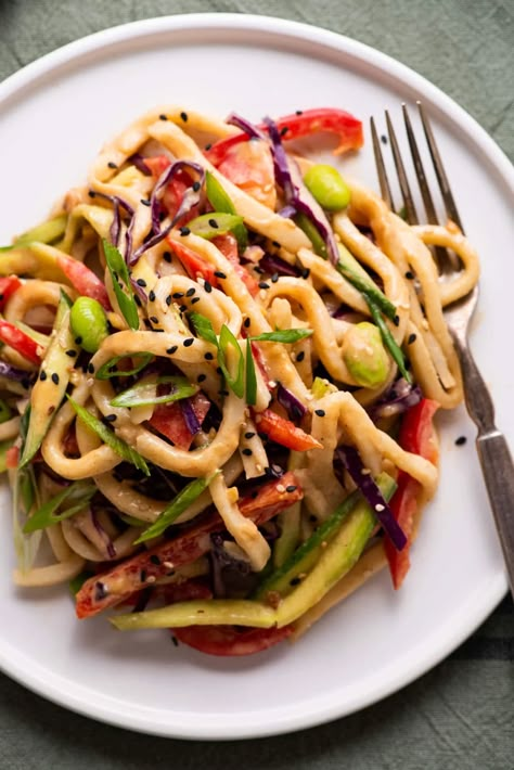 Cold Udon Noodle Recipe, Udon Noodle Salad, Vegan Udon Noodles, Vegan Udon, Salad With Peanut Dressing, Udon Noodles Recipe, Udon Recipe, Udon Noodle, Noodle Salad Recipes