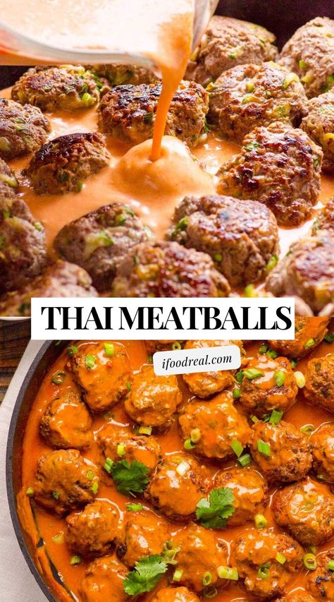 These Thai Meatballs are made with ground turkey and full of garlic, ginger and curry flavors. These sweet, savory, and spicy meatballs are ready in one skillet, in under 45 minutes. Asian Ground Turkey Recipes, Turkey Curry Meatballs, Turkey Meatball Curry, Thai Meatballs Turkey, Curry Meatballs Turkey, Thai Curry Turkey Meatballs, Asian Ground Turkey, Asian Turkey Meatballs Healthy, Ground Turkey Meatball Recipes