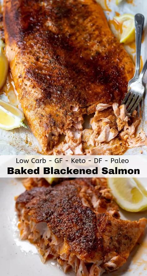 oven baked blackened salmon recipe photo collage Baked Blackened Salmon, Blackened Salmon Recipes, Dairy Free Lasagna, Salmon Recipes Oven, Spiced Salmon, Oven Salmon, Salmon Recipes Baked Healthy, Salmon Spices, Garlic Butter Salmon