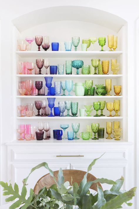 Display Collections - How to Decorate with Antiques Rainbow Glassware, Elsie Larson, Colored Glasses, Decorating Shelves, Vintage Glassware, Displaying Collections, Glass Shelves, Open Shelving, Spring Decor