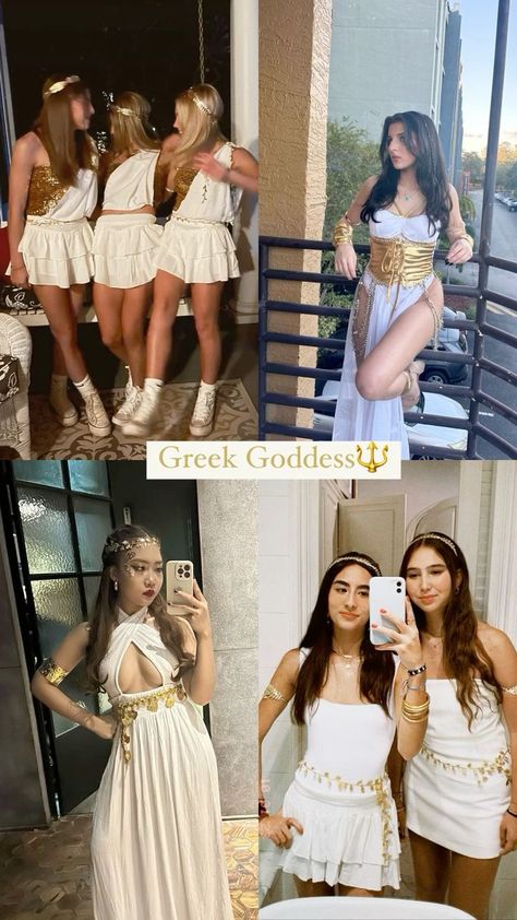 Looking for cute, hot, and trendy Halloween costumes for women? Our post has 40+ creative and fun DIY ideas, as well as easy last-minute options. Perfect for anime fans, work functions, trios, duos, groups, and besties. Great for college students and those with black, blonde, brunette, or red hair. Find your perfect matching Halloween costumes for 3 here! #halloween #halloweencostumeideas #costumesforwomen #costumeidea Golden Greek Goddess Costume, Simple Goddess Costume, Aphrodite Costume Ideas, Athena Cosplay Goddesses, Goddesses Halloween Costume, Greek Goddesses Halloween Costumes, Greek Goddess Group Costume, Halloween Costumes Women Greek Goddess, Green Goddess Halloween Costume