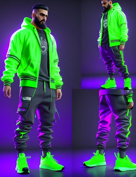 Male Neon Outfits, Neon Aesthetic Outfit Men, Neon Outfits Men, Cyberpunk Outfit Men, Neon Punk Fashion, Neon Streetwear, Punk Fashion Men, Neon Party Outfits, Tech Outfit