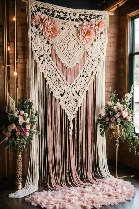 Breathtaking Macrame Backdrops for an Enchanting Wedding Macrame Wall Hanging Wedding, Wedding Arch With Macrame, Macrame Alter Wedding, Macrame Wedding Backdrop With Flowers, Wedding Macrame Triangle Backdrop, Macrame Decor Ideas, Macrame Arch, Ribbon Backdrop, Macrame Wedding Decor