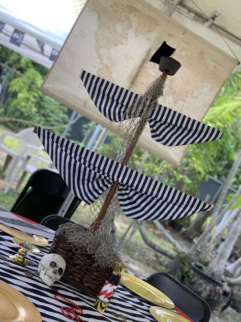 Pirate Birthday Party Backdrop, Pirate Birthday Party Centerpieces, Pirate Diy Decor, Pirate Party Theme Adults, Pirate Theme Centerpieces, Pirate Centerpiece Ideas, Pirate Table Decorations, Pirate Party Centerpieces, Pirate Bingo