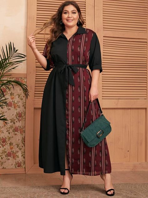 Plus Color-Block Feather Print Belted Shirt Dress | SHEIN USA Obese Women Outfits, Big Size Dress Casual Simple, Indian Outfits For Plus Size Women, Plus Size Indian Outfits, Plus Size Indian Fashion, Big Size Fashion Dress, Dress For Big Size Woman, Big Size Dress Casual, Plus Size Fashion For Women Indian