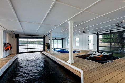 Amazing Garages, Wake Boat, Boathouse Design, Dock Ideas, Boat Garage, Lakefront Living, Lake Dock, Recreational Room, Beach Boat