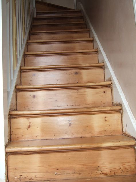 Victorian wood staircase sanded and lacquered Stair Treads Ideas, Under Stairs Reading Nook, Stairs Reading Nook, Stair Rail Ideas, Staircase With Storage, Vinyl Plank Flooring Kitchen, Wood Floor Restoration, Painted Staircase, Victorian Staircase