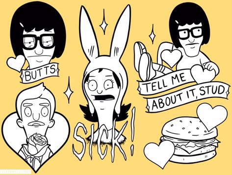 Bob's Burgers Tattoos, Valentine's Day Bobs Burgers Flash Tattoo, Bob’s Burger Tattoo, Bobs Burgers Party Theme, Bob Burger Tattoo, Louise Tattoo Bobs Burgers, Louise Bobs Burgers Tattoo, Bobs Burgers Tattoo Louise, Bobs Burgers Tattoo Ideas, Louise Belcher Tattoo