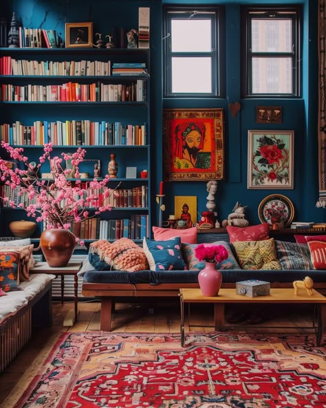 Colorful Library Room, Maximalist Office Space, Apartment Makeover, Eclectic Living, Eclectic Living Room, Deco Boheme, Hereford, Eclectic Interior, Eclectic Home