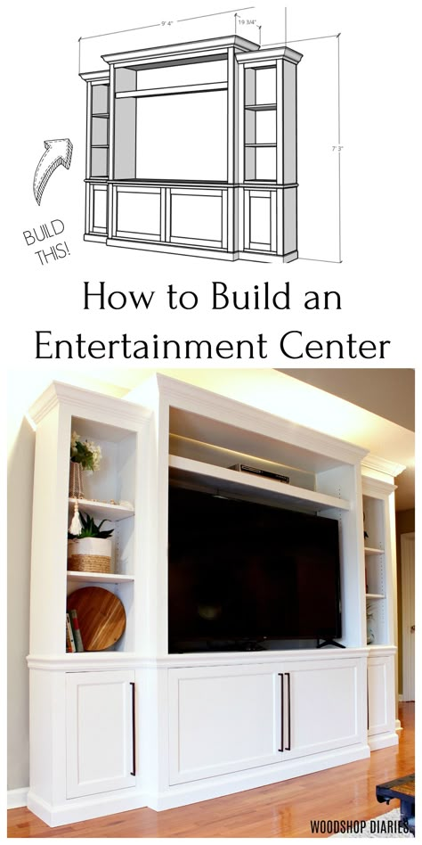 Farmhouse Entertainment Center, Entertainment Center Ideas, Tv Built In, Built In Entertainment Center, Built In Shelves Living Room, Rustic Tv Stand, Diy Entertainment, Living Room Wall Units, Living Room Built Ins