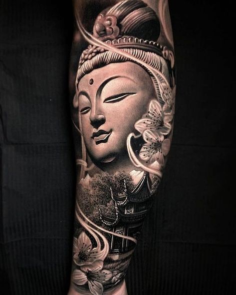 Buddha Tatoo, Buddhist Tattoo Sleeve, Day Of The Dead Tattoos, Buddha Tattoo Sleeve, Buda Tattoo, Tatuaje Trash Polka, Tattoos Abstract, Samurai Tattoo Sleeve, Temple Tattoo