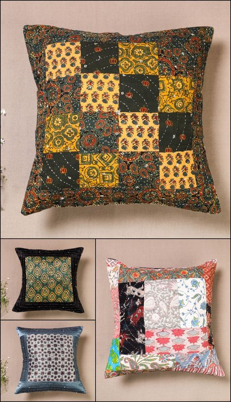 Ajrakh Print Tagai Patchwork Cushion Covers in Cotton & Mashru Silk Patchwork Cushion Covers, Thai Triangle Cushion, Crochet Cushion Cover Granny Square, Batik Cushion Cover, Diwali Cushion Covers, Tie And Dye Cushion Cover, Patchwork Cushion, Cushion Covers, Cushions