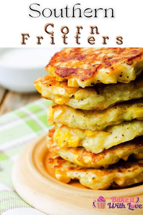 These Southern corn fritters are a delicious appetizer or snack that is ready to enjoy in only 10 minutes! Simply mix together the ingredients and fry them until they are golden and crispy! They are so incredibly tasty that you'll be making them over and over again! BakeItWithLove.com #bakeitwithlove #southern #corn #fritters #cornfritters #snack #recipe #appetizer Kid Friendly Snacks, Corn Fritter, Sweet Corn Fritters, Corn Recipes Side Dishes, Vegetarian Snack, Corn Fritter Recipes, Healthy Vegetarian Snacks, Easy Corn, Corn Dishes