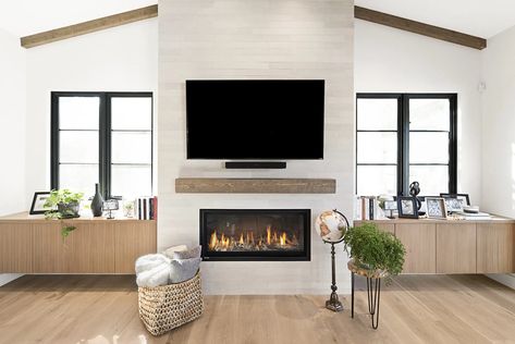 Beach Fireplace, Led Fireplace, Building A Custom Home, Fireplace Facing, Tv Over Fireplace, Cabin Renovation, Fireplace Built Ins, Family Room Fireplace, White Fireplace