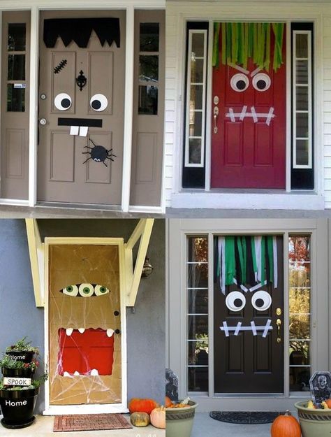 Monster doors are a fun way to add some frightful fun to your home this Halloween. Pick up some construction paper, paper plates, tape, and streamers from Dollar Tree to recreate this look for less! Porta Halloween, Monster Door, Diy Halloween Dekoration, Strašidelný Halloween, Easy Diy Halloween Decorations, Casa Halloween, Halloween Fest, Kids Halloween Party, Adornos Halloween