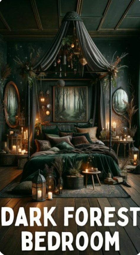 Dark Forest Bedroom, Bedroom Ideas Cozy Romantic, Bloxburg Teen Room, Bloxburg Teen Room Ideas, Teen Room Ideas, Dark Feminine Bedroom, Dreamy Interior, Gothic Forest, Dark Cozy Bedroom