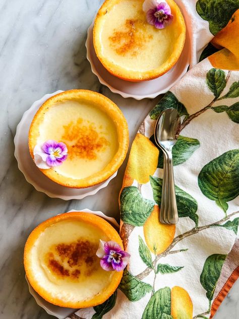 Make This Creamy Orange Posset Recipe With Brûlée Topping | Most Lovely Things Vegan Posset, Vegan Orange Recipes, Orange Posset Recipe, Orange Blossom Dessert, Citrus Baked Goods, Orange Themed Food, Orange Creme Brulee, Fancy Food Recipes, Orange Posset