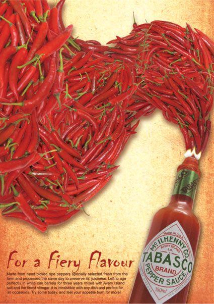 BibiYanNi - Design World: Weekly Task 6 - Hot Sauce Advertising Heinz Advertising, Sauce Advertising, Typography Composition, Tabasco Hot Sauce, Funny Advertising, Advertising Logo, Louisiana Cajun, Menu Flyer, Advertisement Design