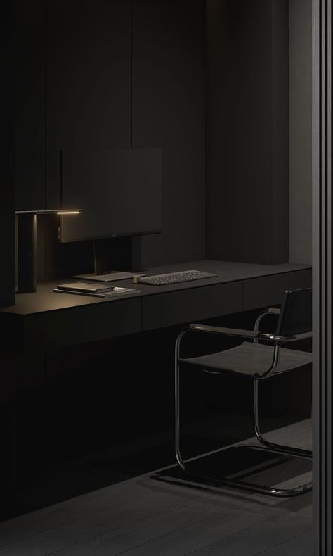 Dark Office Aesthetic, Dark Modern Home, Minimalist Office Desk, Dark Interior Design, Mens Bedroom Decor, Guest Bedroom Design, Study Room Design, Minimalist Office, Workspace Inspiration