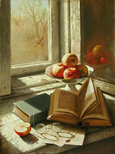 Still life of books, fruit and glasses on a table before a window by Dmitri Annenkov (Russian painter, b. 1965) 100 Books, Still Life Photos, Fruit Painting, Still Life Drawing, Painted Books, Painting Still Life, Still Lifes, Still Life Art, Black Horse