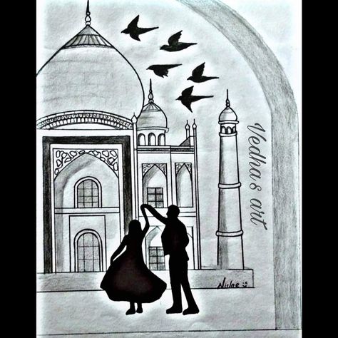 Taj Mahal Pencil Drawing, Dance Pencil Drawings, Brother And Sister Drawing Easy, Taj Mahal Drawing, Sketches Landscape, Pencil Sketches Landscape, Sisters Drawing, Temple Drawing, Sketch Images