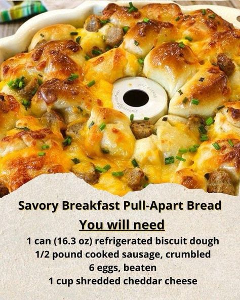 Sausage, Egg, and Cheese Monkey Bread Savory Breakfast Pull-Apart Bread Ingredients: 1 can (16.3 oz) refrigerated biscuit dough 1/2 pound cooked sausage, crumbled 6 eggs, beaten 1 cup shredded cheddar cheese 1/4 cup milk 1/2 teaspoon salt 1/4 teaspoon black pepper 1/4 cup green onions, chopped 1/4 cup melted butter Directions: Preheat the oven to 350°F (175°C). Grease a bundt pan. Cut each biscuit into quarters and place them in a large bowl. In a separate bowl, mix together the cooked sausage, beaten eggs, cheddar cheese, milk, salt, and pepper. Pour the sausage mixture over the biscuit pieces. Add green onions and gently toss to combine. Arrange the mixture evenly in the prepared bundt pan. Drizzle with melted butter. Bake for 30-35 minutes or until golden brown and cooked through Monkey Bread Savory, Breakfast Pull Apart, Breakfast Pull Apart Bread, White Sausage Gravy, Cheese Monkey Bread, Biscuit Monkey Bread, Savory Monkey Bread, Biscuit Dough, Egg And Cheese